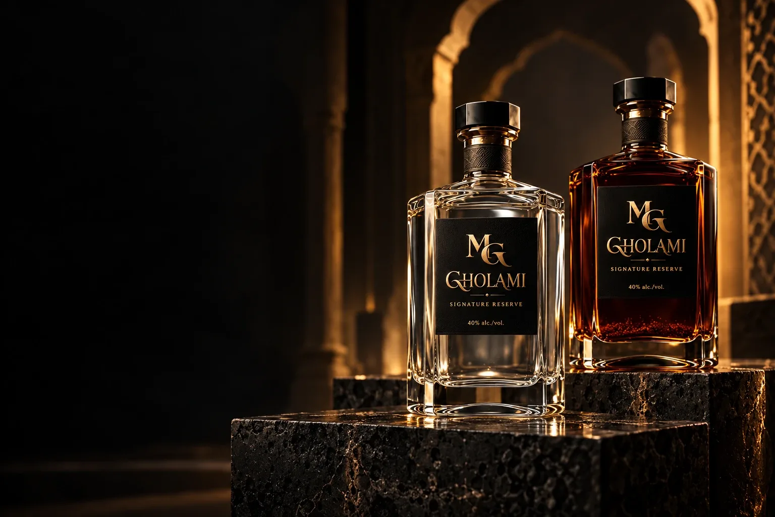 Concept bottles of GHOLAMI Clear and Infused, with black and gold labels, beneath sculptural arches