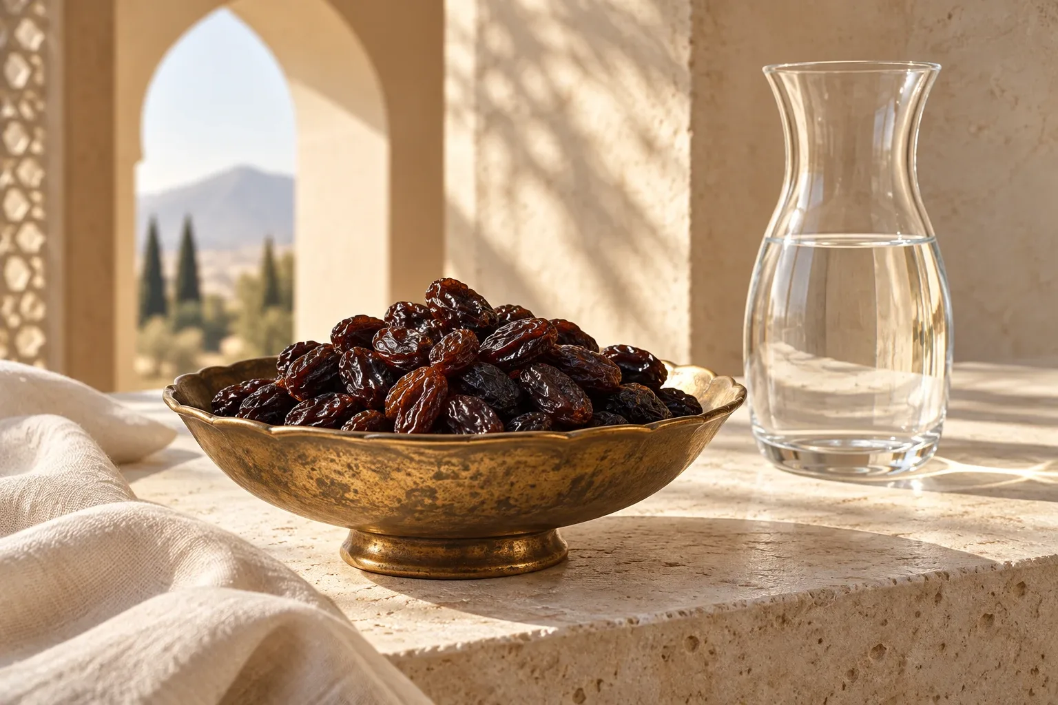 Sun-dried grapes in a brass bowl beside a carafe of water on limestone